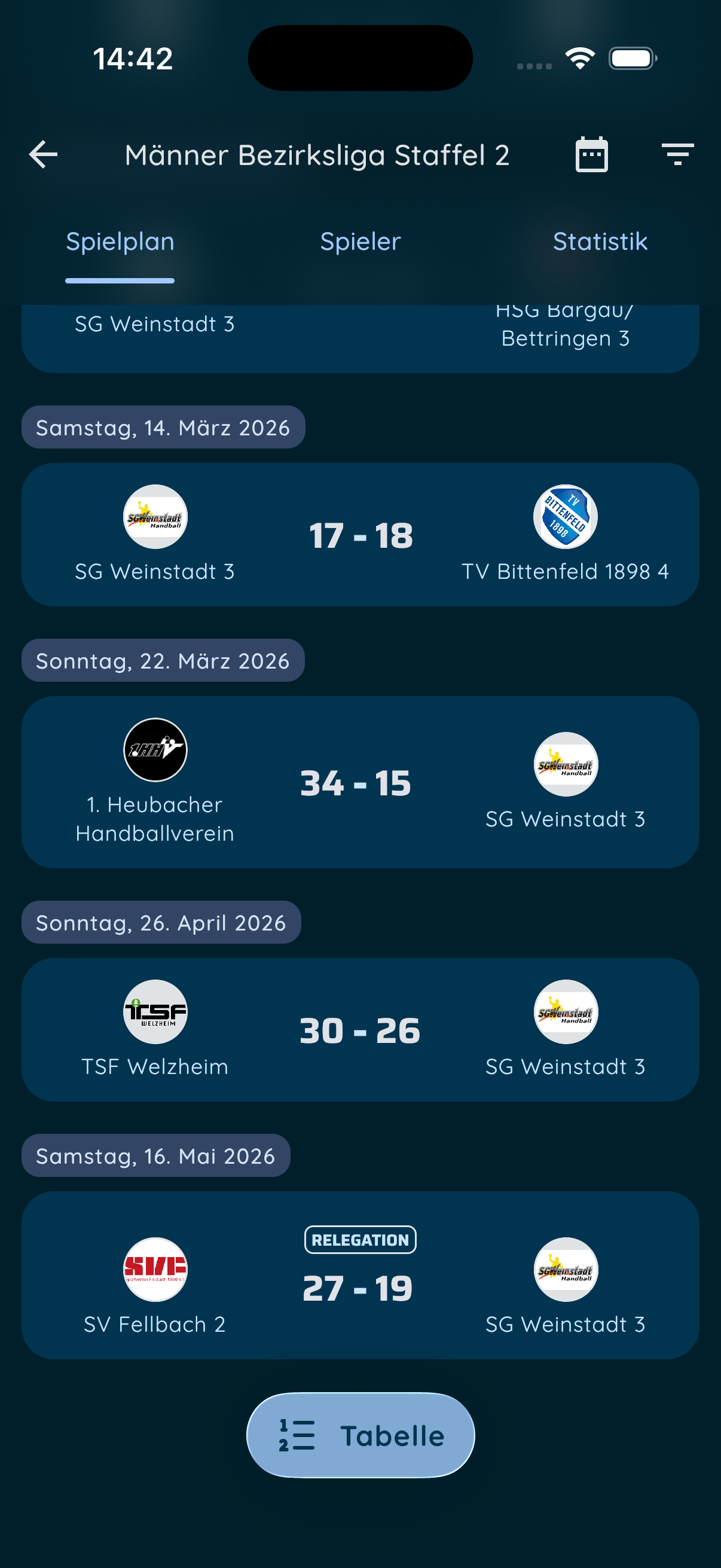Spielplan in der 7meter App